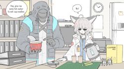 Rule 34 | 1boy, 1girl, anger vein, animal ears, arknights, binder, blue eyes, blue vest, clock, cowlick, cup, cup ramen, disposable cup, doctor (arknights), electric kettle, english text, food, fox ears, fox girl, gloves, grey hair, highres, holding, holding food, holding kettle, indoors, jokebag, kettle, keyboard (computer), looking at another, male doctor (arknights), medium hair, monitor, open mouth, pointing, printer, refrigerator, shelf, speech bubble, sussurro (arknights), talking, vest, wall clock, white gloves