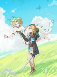 Rule 34 | 1461914785, 1boy, 1girl, anklet, armlet, barefoot, blonde hair, bracelet, colored sclera, dragon girl, dragon horns, dragon tail, dress, eyelashes, floating, grass, highres, horns, jewelry, light dragon (zelda), link, master sword, nintendo, pointy ears, princess zelda, purple sclera, silent princess, spines, tail, the legend of zelda, the legend of zelda: tears of the kingdom, very long tail