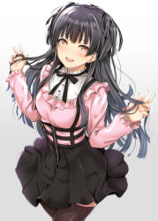 Rule 34 | 1girl, :d, amagasa ikuta, black hair, black skirt, blouse, blunt bangs, blush, breasts, brown eyes, fingernails, frilled shirt, frills, gradient background, grey background, hand in own hair, hands up, high-waist skirt, highres, idolmaster, idolmaster shiny colors, long hair, long sleeves, looking at viewer, mayuzumi fuyuko, medium breasts, nail polish, neck ribbon, open mouth, pink shirt, ribbon, shirt, sidelocks, simple background, skirt, smile, solo, standing, suspender skirt, suspenders, thighhighs, two side up, w arms, zipper