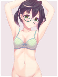 Rule 34 | 1girl, absurdres, ahoge, armpits, arms up, black hair, blush, bottomless, bra, breasts, cleavage, collarbone, glasses, green-framed eyewear, green eyes, grey background, hair between eyes, hair ornament, head tilt, highres, kantai collection, koumei (twinameless), looking at viewer, okinami (kancolle), one side up, shiny skin, short hair, simple background, small breasts, solo, underwear, underwear only, white bra