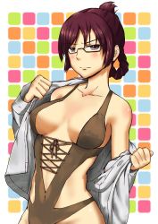 Rule 34 | 10s, 1girl, black hair, braid, breasts, casual one-piece swimsuit, cleavage, folded ponytail, glasses, large breasts, one-piece swimsuit, purple eyes, ridget (suisei no gargantia), short hair, solo, suisei no gargantia, swimsuit, yasushiro