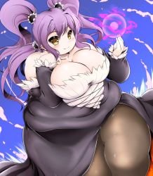 Rule 34 | 1girl, bare shoulders, blush, breasts, cleavage, fat, huge breasts, kurokaze no sora, long hair, magic, obese, pantyhose, purple hair, quad tails, smile, solo, thick thighs, yellow eyes