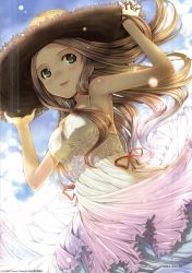 Rule 34 | 1girl, armpits, breasts, brown hair, character request, dress, green eyes, hat, highres, holding, holding hat, long hair, mikazuki akira!, sideboob, sleeveless, sleeveless dress, solo, straw hat, white dress