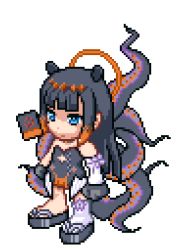 Rule 34 | 1girl, ao-chan (ninomae ina&#039;nis), black footwear, black gloves, blue eyes, book, chibi, clenched hands, dekoponarms, detached sleeves, gloves, hair behind ear, hololive, hololive english, mole, mole under eye, ninomae ina&#039;nis, ninomae ina&#039;nis (1st costume), parody, pixel art, pointy ears, sandals, single detached sleeve, single thighhigh, solo, style parody, summon night, tentacle hair, tentacles, thighhighs, transparent background, virtual youtuber