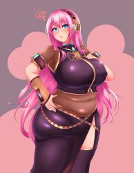Rule 34 | 1girl, absurdres, armpit peek, armpits, belly grab, blue eyes, blush, breasts, commentary, covered navel, crop top, detached sleeves, fat, fat rolls, headphones, highres, hip focus, huge breasts, kukuru, lips, long hair, long skirt, looking at viewer, megurine luka, aged up, pink hair, plump, see-through, skirt, solo, squiggle, standing, thick thighs, thighs, very long hair, vocaloid, weight conscious