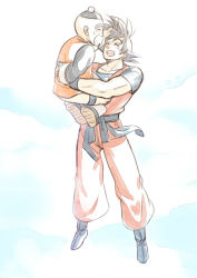 Rule 34 | 2boys, bakusou k, black eyes, black hair, boots, carrying, chinese clothes, dougi, dragon ball, dragonball z, closed eyes, facial hair, flying, grandfather and grandson, grandpa gohan, happy, hat, male focus, multiple boys, mustache, open mouth, short hair, smile, son goku, spiked hair