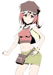 Rule 34 | 1girl, breasts, brown eyes, cabbie hat, closed mouth, hat, jewelry, long hair, looking at viewer, maguro (fufu), midriff, miniskirt, misaki shiki, navel, necklace, red hair, simple background, skirt, smile, solo, subarashiki kono sekai, white background
