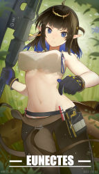 Rule 34 | 1girl, absurdres, ahoge, animal ears, arknights, backlighting, belt, black gloves, black hair, blue eyes, blue gloves, blue hair, breasts, brown pants, character name, colored inner hair, dated, day, eunectes (arknights), eunectes (forgemaster) (arknights), gloves, highres, holding, holding weapon, large breasts, multicolored hair, navel, official alternate costume, outdoors, pants, pointy ears, snake tail, solo, stomach, tail, two-tone gloves, two-tone hair, weapon, zhadao lza