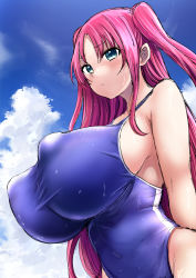 Rule 34 | absurdres, aqua eyes, arms at sides, blue sky, breasts, cloud, cloudy sky, competition swimsuit, covered erect nipples, covered navel, dot mouth, from below, from side, highres, huge breasts, impossible clothes, large nipples, long hair, one-piece swimsuit, original, parted bangs, perky breasts, pink hair, purple hair, sgwmanga, shiny clothes, sideboob, sidelocks, sky, swimsuit, two side up, upper body, wet