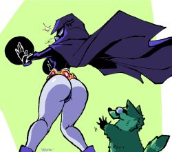 Rule 34 | 1boy, 1girl, anger vein, angry, animal, ankle boots, artist name, ass, beast boy (dc), belt, black leotard, boots, bulging eyes, cloak, colored skin, constricted pupils, dc comics, dreaminerryday, eye pop, eyes in shadow, from behind, furry, green background, green fur, grey skin, hand up, hood, hooded cloak, legs, leotard, looking at another, looking back, magic, motion lines, open hands, open mouth, outstretched arm, purple cloak, purple footwear, raccoon, raven (dc), reaching, shiny skin, snout, teen titans, thighs, v-shaped eyes, wedgie, white background, wind, wind lift