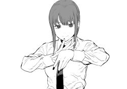 Rule 34 | 1girl, bad id, bad pixiv id, chainsaw man, closed mouth, collared shirt, fingernails, greyscale, hands up, highres, ikuchan kaoru, long sleeves, looking at viewer, makima (chainsaw man), monochrome, necktie, ringed eyes, shirt, sidelocks, simple background, smile, solo, upper body, white background, wing collar