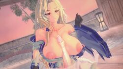Rule 34 | 1boy, 1girl, 3d, animated, bare shoulders, black gloves, blonde hair, bouncing breasts, breasts, censored, closed eyes, closed mouth, collarbone, feathermapleleaf, gloves, goddess of victory: nikke, highres, huge breasts, koikatsu (medium), large areolae, large breasts, long hair, long sleeves, looking at viewer, ludmilla (nikke), mosaic censoring, nipples, onsen, outdoors, paizuri, penis, puffy nipples, smile, steam, v, video, water, wide sleeves, yellow eyes