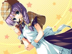 Rule 34 | 1girl, akatsuki no goei, apron, braid, capelet, cat hair ornament, deerstalker, dress, dutch angle, game cg, green eyes, hair ornament, hat, highres, looking at viewer, maid apron, neck ribbon, smoking pipe, pipe in mouth, purple hair, ribbon, solo, sphere (group), star (symbol), starry background, tomose shunsaku, tsuki, tsuki (akatsuki no goei), twin braids, wrist cuffs