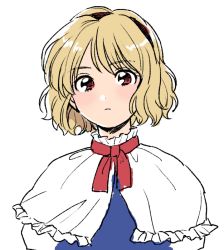 Rule 34 | 1girl, alice margatroid, blonde hair, blue vest, capelet, closed mouth, discowars, hairband, looking at viewer, red eyes, red ribbon, ribbon, short hair, simple background, solo, touhou, upper body, vest, white background, white capelet