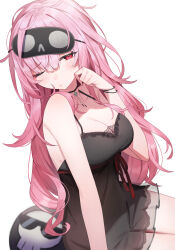 Rule 34 | 1girl, aotake iro, bare arms, bare shoulders, black dress, blush, breasts, cleavage, closed mouth, collarbone, death-sensei (mori calliope), dress, hair between eyes, hand up, highres, hololive, hololive english, long hair, mask, mask on head, medium breasts, mori calliope, mori calliope (sleepwear), pink hair, rerrere, see-through, simple background, sleep mask, sleeveless, sleeveless dress, solo focus, very long hair, virtual youtuber, white background