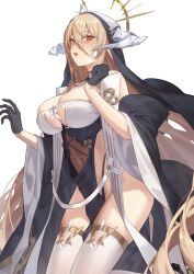 Rule 34 | 1girl, azur lane, black gloves, blonde hair, breast cutout, breasts, cleavage, covered navel, fake horns, gloves, habit, hair between eyes, half gloves, halo, hands up, highres, horns, implacable (azur lane), large breasts, long bangs, long hair, nun, open mouth, pelvic curtain, red cucumber, red eyes, revealing clothes, thighhighs, two-tone dress, veil, white background, white horns, white thighhighs