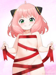 1girl anya_(spy_x_family) artist_name blush bottomless eroneko_senpai flat_chest green_eyes groin hairpods lifting_own_clothes loli looking_at_viewer naked_ribbon pink_hair pussy red_ribbon ribbon see-through_clothes short_hair smile solo spy_x_family