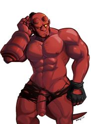 Rule 34 | 1boy, abs, absurdres, bald, bara, beard, black hair, broken horn, chest hair, colored skin, demon boy, facial hair, feet out of frame, flaccid, foreskin, hellboy, hellboy (comic), highres, horns, large pectorals, male focus, male pubic hair, mature male, monster boy, muscular, muscular male, navel, navel hair, nipples, nude, pants, pectorals, penis, pubic hair, red skin, rjay (rjay owo), short hair, solo, stomach, tail, thick thighs, thighs, torn clothes, torn legwear, torn pants, uncensored, yellow eyes