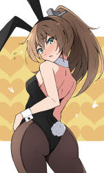 Rule 34 | 1girl, animal ears, black leotard, black pantyhose, blue eyes, breasts, brown hair, detached collar, fake animal ears, hair between eyes, kantai collection, kumano (kancolle), leotard, long hair, nel-c, pantyhose, playboy bunny, ponytail, rabbit ears, rabbit tail, small breasts, solo, tail, wrist cuffs