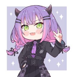 Rule 34 | 1girl, black jacket, black shirt, blue skirt, blush stickers, braid, chibi, commentary, cropped jacket, demon girl, demon horns, english commentary, fangs, green eyes, hair ornament, hairclip, hand on own hip, highres, hololive, horns, jacket, kukie-nyan, long hair, looking at viewer, multicolored hair, necktie, official alternate costume, pink hair, purple hair, purple necktie, shirt, skirt, solo, streaked hair, tokoyami towa, twin braids, twintails, twitter username, v, virtual youtuber