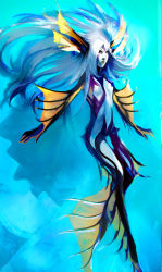 Rule 34 | 1girl, blue hair, eyeshadow, fins, fish girl, flat chest, have conquest, highres, lipstick, long hair, makeup, monster girl, nude, original, red eyes, solo, therianthrope, underwater, very long hair, yellow lips