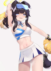 Rule 34 | 1girl, animal ears, armpits, bare arms, black hair, blue archive, blue eyes, bracelet, breasts, cleavage, cowboy shot, crop top, dog ears, dog tail, goggles, goggles on head, hair ornament, hibiki (blue archive), hibiki (cheer squad) (blue archive), highres, jewelry, long hair, looking at viewer, medium breasts, midriff, millennium cheerleader outfit (blue archive), navel, open mouth, pom pom (clothes), pom pom hair ornament, shinetuitta, sidelocks, simple background, skirt, solo, standing, steam, sweat, tail, white background, white skirt