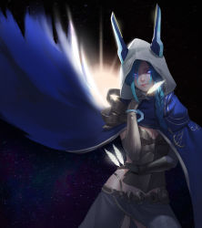 Rule 34 | 1girl, absurdres, armor, blue cape, blue eyes, bracelet, braid, breasts, cape, cleavage, closed mouth, cosmic dusk xayah, feathers, galaxy, gloves, glowing, glowing eyes, grey gloves, highres, holding, holding feather, hood, hood up, jewelry, league of legends, long hair, love finn, pauldrons, pink lips, shoulder armor, smile, solo, star (symbol), sun, vambraces, xayah