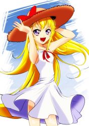Rule 34 | 1girl, :d, blonde hair, blue eyes, bow, brown hat, collarbone, cowboy shot, dokidoki! precure, dress, floating hair, hands on headwear, hat, hat bow, long hair, neck ribbon, open mouth, precure, red bow, red ribbon, regina (dokidoki! precure), ribbon, sleeveless, sleeveless dress, smile, solo, standing, straw hat, sun hat, sundress, tomo5656ky, very long hair, white background, white dress