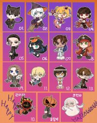 1other 6+boys 6+girls absurdres animal_costume aqua_eyes black_eyes black_hair blonde_hair brown_hair cat_costume charon_(project_moon) chibi chucky chucky_(cosplay) chyapssal closed_mouth cosplay dante_(limbus_company) don_quixote_(project_moon) e.g.o_(project_moon) faust_(project_moon) ghost green_eyes gregor_(project_moon) halloween hat heathcliff_(project_moon) heterochromia highres hong_lu_(project_moon) hook_hand ishmael_(project_moon) jason_voorhees jason_voorhees_(cosplay) jiangshi limbus_company long_hair low_twintails meursault_(project_moon) multiple_boys multiple_girls mummy nosferatu_(project_moon) nosferatu_(project_moon)_(cosplay) open_mouth orange_eyes orange_hair outis_(project_moon) pirate_hat pointy_ears project_moon purple_eyes queen_of_hatred queen_of_hatred_(cosplay) red_eyes rodion_(project_moon) ryoshu_(project_moon) short_hair sinclair_(project_moon) t-800 t-800_(cosplay) terminator_(series) twintails two_side_up vergilius_(project_moon) very_long_hair white_eyes white_hair witch witch_hat yellow_eyes yi_sang_(project_moon)