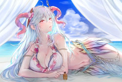 Rule 34 | 1girl, ahoge, armlet, bare shoulders, beach, bikini, blue sky, breasts, cleavage, cloud, commentary request, curled horns, curtains, day, fire emblem, fire emblem heroes, flower, flower necklace, freyja (fire emblem), goat horns, hair between eyes, hair flower, hair ornament, horns, jewelry, large breasts, lips, long hair, looking away, lying, navel, necklace, nintendo, ocean, official alternate costume, outdoors, parted lips, pelvic curtain, pink flower, red eyes, red horns, silver hair, sky, solo, swimsuit, t misaomaru, thorns, water, white bikini, white curtains