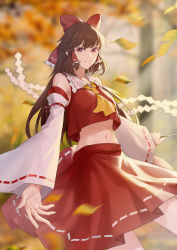 Rule 34 | 1girl, absurdres, ascot, bare shoulders, bow, brown eyes, brown hair, commentary request, darling0221, detached sleeves, gohei, hakurei reimu, highres, holding, long hair, long sleeves, midriff, navel, outdoors, red bow, red skirt, red vest, ribbon-trimmed sleeves, ribbon trim, skirt, skirt set, solo, stomach, touhou, very long hair, vest, white sleeves, wide sleeves, yellow ascot
