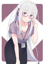 Rule 34 | 1girl, absurdres, adjusting eyewear, artist name, black skirt, braid, breasts, bright pupils, cleavage, crown braid, elf, emilia (re:zero), flower, grey hair, hair flower, hair ornament, hair ribbon, highres, id card, lanyard, leaning forward, long hair, looking at viewer, medium breasts, office lady, pencil skirt, pointy ears, purple background, purple eyes, purple ribbon, purple shirt, re:zero kara hajimeru isekai seikatsu, red-framed eyewear, ribbon, shirt, short sleeves, skirt, smile, solo, sunegg1112, twitter username, very long hair