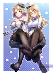 Rule 34 | 2girls, black legwear, black skirt, blonde hair, breasts, brown eyes, commentary request, commission, detached collar, detached sleeves, full body, glasses, hat, highres, houston (kancolle), ittokyu, kantai collection, large breasts, crossed legs, light brown hair, long hair, looking at viewer, medium hair, military, military uniform, multiple girls, navy cross, northampton (kancolle), off shoulder, pantyhose, peaked cap, pencil skirt, shirt, sitting, skeb commission, skirt, soles, uniform, white headwear, white shirt, yellow eyes