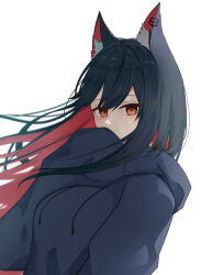 1girl alternate_costume animal_ear_fluff animal_ear_piercing animal_ears arknights black_hair black_hoodie brown_eyes colored_inner_hair commentary covered_mouth covering_own_mouth drawstring floating_hair hachimin8_(shrine_kyo) hand_up highres hood hood_down hoodie long_hair looking_at_viewer multicolored_hair red_hair simple_background sleeves_past_fingers sleeves_past_wrists solo texas_(arknights) two-tone_hair upper_body white_background wolf_ears wolf_girl