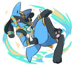 Rule 34 | 1other, armlet, black hair, blue fur, bracelet, commentary request, creatures (company), energy, full body, furry, game freak, gen 4 pokemon, head tilt, jewelry, looking at viewer, lucario, lucario (ruins), nintendo, pokemon, pokemon (creature), pokemon unite, red eyes, simple background, solo, spikes, tail, white background, whitecrow9522