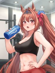 Rule 34 | 1girl, animal ears, black tank top, bottle, bow, breasts, brown eyes, brown hair, cleavage, collarbone, commentary request, daiwa scarlet (umamusume), fang, fingernails, gym, hair bow, hair intakes, hand on own hip, highres, holding, holding bottle, horse ears, horse girl, horse tail, leggings, long hair, medium breasts, midriff, navel, open mouth, pants, red bow, red pants, skin fang, solo, sports bra, stomach, tail, tank top, tiara, twintails, umamusume, very long hair, water, water bottle, yamaro (yamaro0), yoga pants