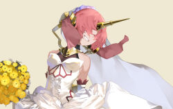 Rule 34 | 1girl, bare shoulders, bouquet, closed eyes, colored eyelashes, dress, elbow gloves, fate/apocrypha, fate (series), flower, frankenstein&#039;s monster (fate), gloves, grin, hair over one eye, headgear, highres, horns, mechanical horns, okazaki takeshi, pink hair, short hair, simple background, single horn, smile, solo, veil, white dress, white gloves, yellow background, yellow flower