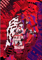 Rule 34 | 1girl, absurdres, architecture, arrow (symbol), bad id, bad twitter id, black hair, dress, east asian architecture, funamushi otoko, highres, horns, kijin seija, looking at viewer, mask, multicolored hair, pagoda, red eyes, red hair, red theme, short dress, short hair, short sleeves, skirt, solo, streaked hair, tongue, tongue out, touhou, upside-down, white dress, white hair