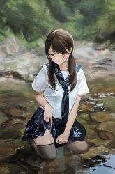 Rule 34 | 1girl, absurdres, black thighhighs, blue neckerchief, blue sailor collar, blue skirt, blush, breasts, brown eyes, brown hair, closed mouth, clothes lift, commentary, english commentary, full body, hair over breasts, hair over one eye, highres, holding, holding clothes, in water, long hair, looking down, lunia, neckerchief, necktie, original, photo-referenced, reflection, reflective water, ripples, riverbank, sailor collar, school uniform, seiza, shirt, short sleeves, sitting, skirt, skirt lift, small breasts, solo, stone, stream, striped, thighhighs, twintails, water, wet, wet clothes, white shirt