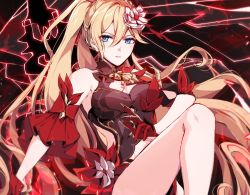 Rule 34 | 1girl, aer007580, bare shoulders, bianka durandal ataegina, bianka durandal ataegina (dea anchora), blonde hair, blue eyes, breasts, china dress, chinese clothes, cleavage, closed mouth, dress, flower, gloves, hair flower, hair ornament, highres, honkai (series), honkai impact 3rd, looking at viewer, ponytail, red dress, red gloves, sleeveless, sleeveless dress, white flower