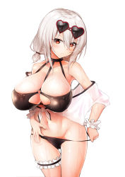 Rule 34 | 1girl, alternate costume, armpits, azur lane, bare shoulders, bikini, black bikini, black choker, black legwear, blush, breasts, choker, closed mouth, clothes pull, collarbone, eyewear on head, frills, front-tie top, frown, groin, hair between eyes, head tilt, highres, huge breasts, legs together, looking at viewer, macchiato (jae-min cho), navel, o-ring, o-ring bikini, o-ring top, off shoulder, one-piece swimsuit pull, pulled by self, red-framed eyewear, red eyes, scrunchie, see-through, shiny skin, short hair, simple background, sirius (azur lane), sirius (scorching-hot seirios) (azur lane), skindentation, solo, standing, sunglasses, swimsuit, thigh gap, thigh strap, thighs, v-shaped eyebrows, wet, wet clothes, wet hair, wet swimsuit, white background, white frills, white hair, white scrunchie, wide hips, wrist scrunchie