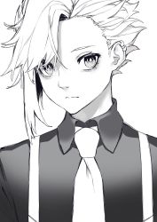 Rule 34 | 1girl, absurdres, closed mouth, collared shirt, ear piercing, greyscale, highres, leo (reiga), looking at viewer, monochrome, necktie, original, piercing, reiga (act000), shirt, short hair, simple background, solo, upper body, white background, wing collar