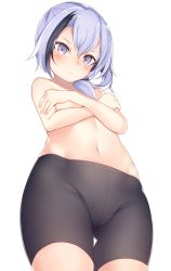 Rule 34 | 1girl, bad id, bad pixiv id, bike shorts, black hair, blush, covering privates, covering breasts, cowboy shot, from below, gluteal fold, hair between eyes, highres, kinukawa chinatsu, light purple hair, looking at viewer, multicolored hair, navel, original, otokuyou, simple background, solo, stomach, streaked hair, thigh gap, topless, two-tone hair, white background
