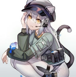 Rule 34 | 1girl, :&lt;, animal ears, animal on arm, arknights, bird, bird on arm, black headwear, cat ears, cat girl, cat tail, closed mouth, ears through headwear, feet out of frame, from side, green shirt, hand on own cheek, hand on own face, headset, highres, long hair, long sleeves, looking at viewer, looking to the side, official alternate costume, pants, pouch, schwarz (arknights), schwarz (skyline) (arknights), shirt, silver hair, solo, squatting, tail, tail ornament, thigh strap, tight clothes, tight pants, werlt, white pants, yellow eyes