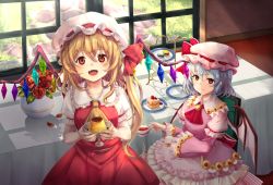Rule 34 | 2girls, ascot, bat wings, blonde hair, blush, brooch, chair, closed mouth, collarbone, commentary request, crystal, dress, fang, flandre scarlet, flower, flower pot, food, frilled dress, frilled sleeves, frills, hat, highres, indoors, jewelry, light purple hair, long sleeves, macaron, mob cap, multiple girls, one side up, open mouth, pink dress, plate, pudding, puffy short sleeves, puffy sleeves, red ascot, red eyes, red flower, red rose, red skirt, red vest, remilia scarlet, rose, short hair, short sleeves, siblings, sisters, sitting, skin fang, skirt, standing, sunlight, table, tablecloth, torottye, touhou, tray, vest, wide sleeves, window, wings, yellow ascot