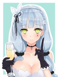 Rule 34 | 1girl, black choker, black gloves, black ribbon, blue hair, braid, breasts, choker, cleavage, closed mouth, collarbone, cup, dress, drinking glass, earrings, french braid, girls&#039; frontline, glass, gloves, green eyes, hair ornament, hair ribbon, hairband, hairclip, hk416 (girls&#039; frontline), hk416 (starry cocoon) (girls&#039; frontline), holding, holding cup, index finger raised, jewelry, long hair, looking at viewer, medium breasts, necklace, official alternate costume, ribbon, simple background, smile, solo, wine glass, yu 416416