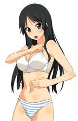 Rule 34 | 00s, 1girl, :o, a1 (initial-g), adjusting bra, adjusting clothes, akiyama mio, black hair, bow, bow bra, bra, breasts, cleavage, grey eyes, hand on own stomach, k-on!, large breasts, lingerie, long hair, open mouth, panties, solo, striped clothes, striped panties, underwear, underwear only, white bra