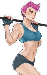 Rule 34 | 1girl, bad id, bad twitter id, bare shoulders, biceps, black gloves, black shorts, breasts, collarbone, cowboy shot, crop top, fingerless gloves, gloves, green eyes, medium breasts, midriff, nail polish, navel, overwatch, overwatch 1, parted lips, pink hair, pink nails, scar, short hair, short shorts, shorts, simple background, sleeveless, solo, stomach, white background, zarya (overwatch)