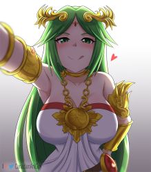 Rule 34 | 1girl, ancient greek clothes, armlet, breasts, canadiananiguy, chiton, dress, forehead jewel, green eyes, green hair, hand on own hip, jewelry, kid icarus, kid icarus uprising, large breasts, laurel crown, nintendo, palutena, pendant, side slit, solo, strapless, strapless dress, tiara, vambraces