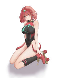 Rule 34 | absurdres, black one-piece swimsuit, breasts, chest jewel, competition swimsuit, fingerless gloves, gloves, highres, kneeling, large breasts, okazakileo, one-piece swimsuit, pyra (pro swimmer) (xenoblade), pyra (xenoblade), red eyes, red hair, red one-piece swimsuit, roller skates, short hair, skates, swept bangs, swimsuit, tiara, two-tone swimsuit, xenoblade chronicles (series), xenoblade chronicles 2